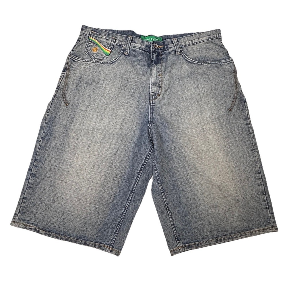 Rocawear Y2K Denim Shorts 40 Baggy Rasta Pocket Embroidered Hip Hop RW Jorts VTG